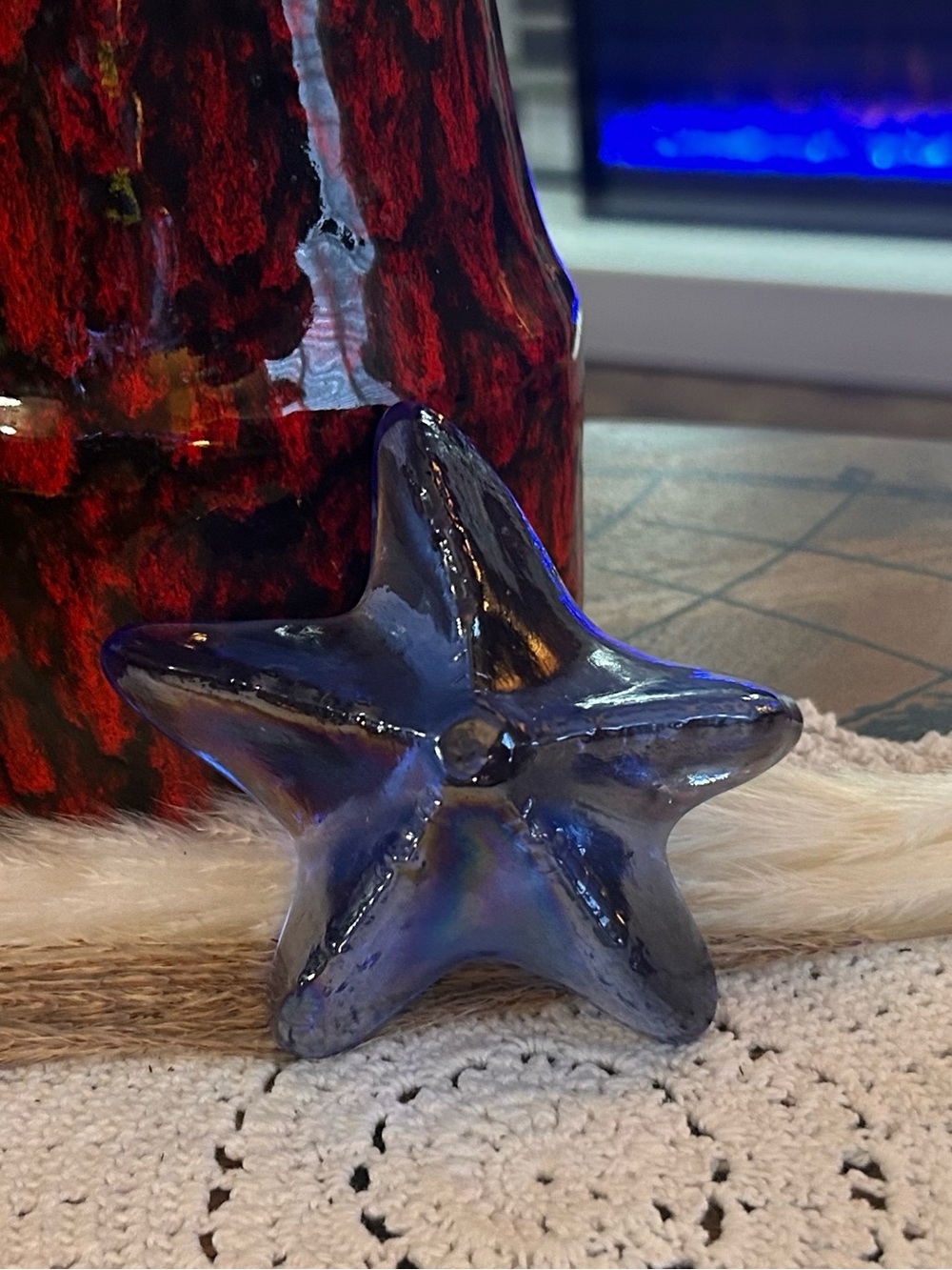 Vintage Cobalt Blue Starfish Paperweight | Iridescent Carnival Glass Coastal
